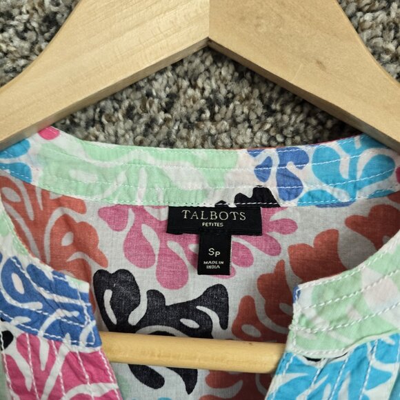 Talbots Top Womens‎ SP Petite Small Pink Blue Semi Sheer V Neck Floral Blouse - Picture 6 of 7